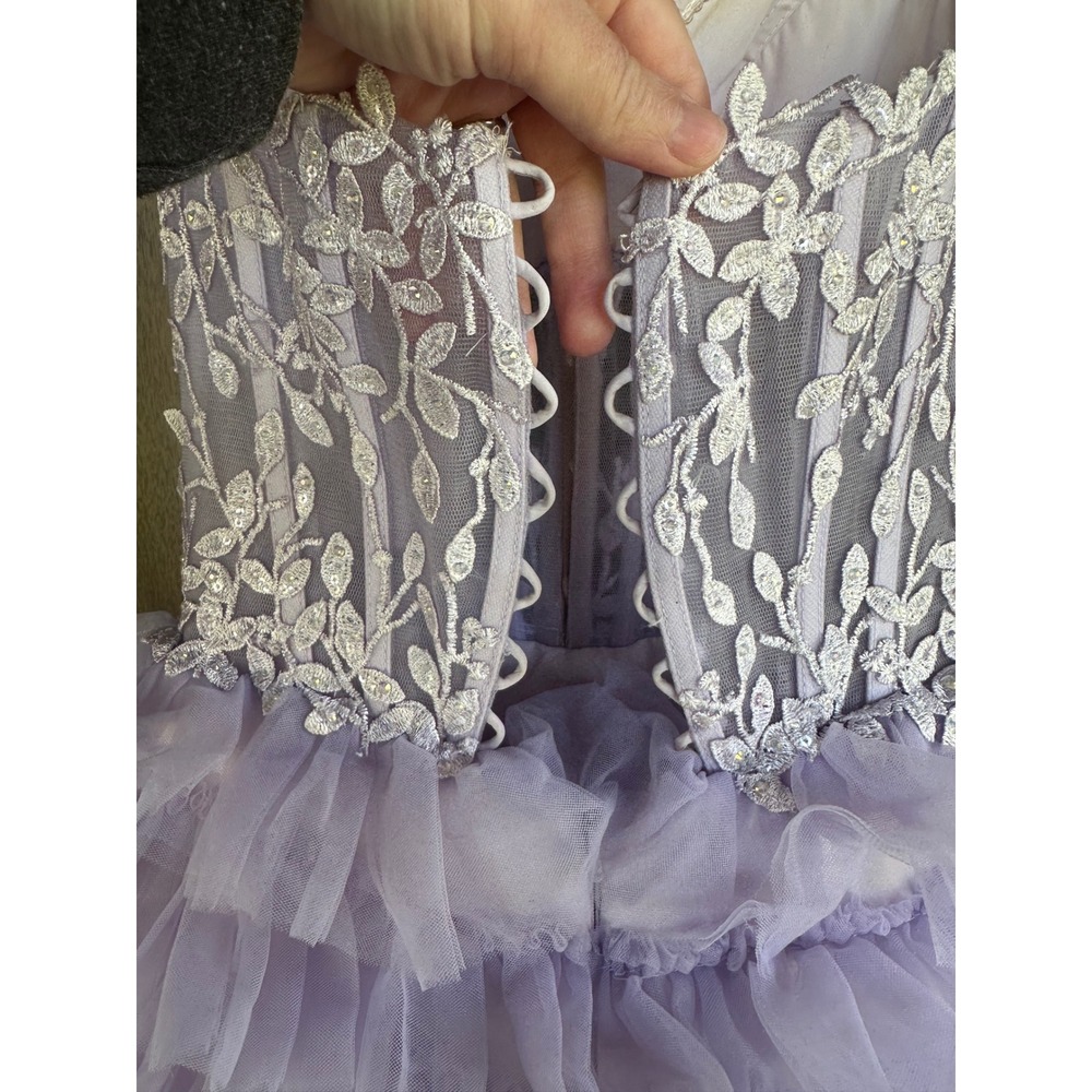 Alyce Paris Lilac Tulle Ruffle Ball Prom Gown Strapless Lace Corset Dress SZ 0 - Picture 6 of 12